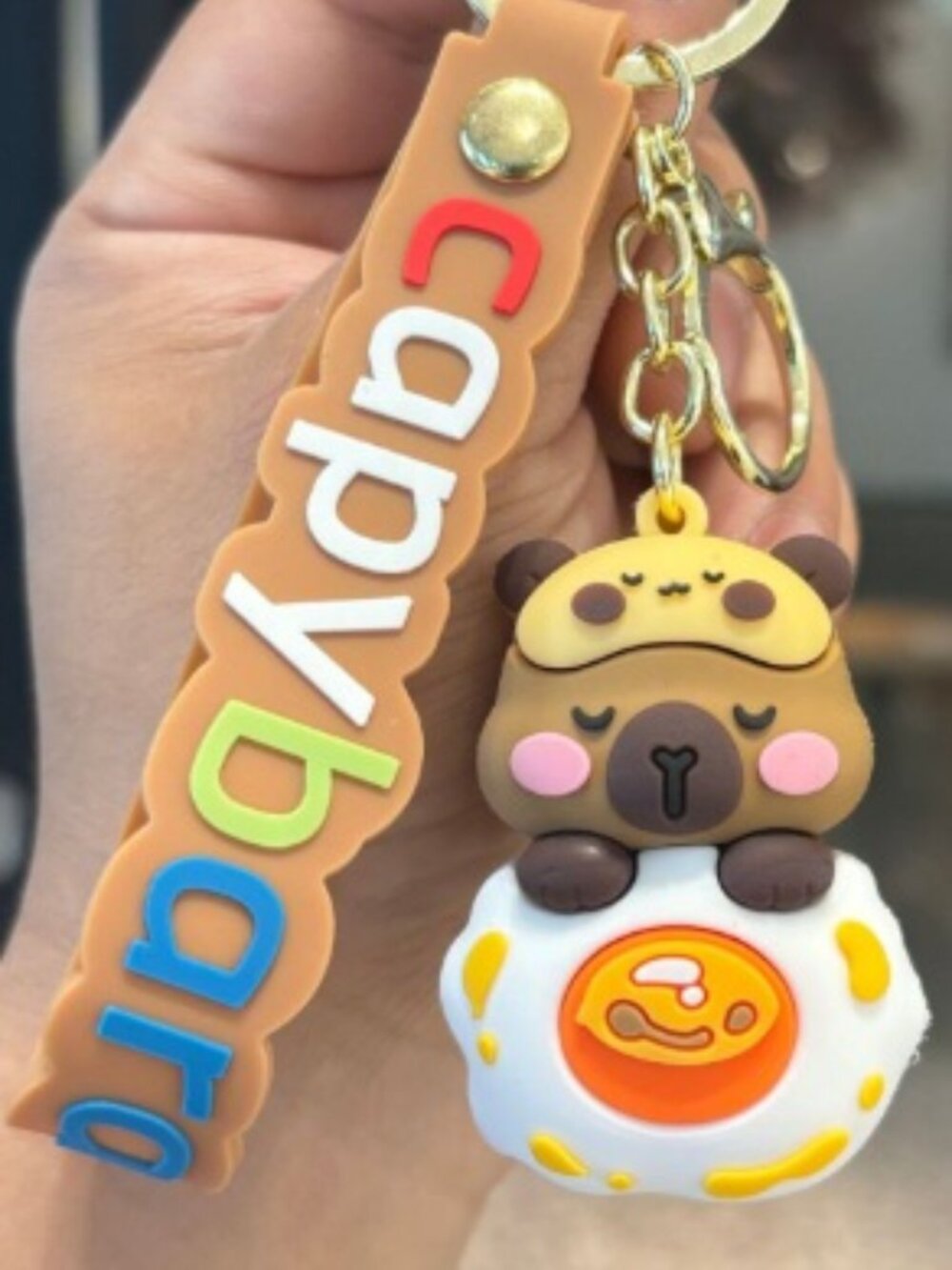 Cute Capybara on Fried Egg Silicone Keychain Colorful Wrist Strap Bag Charm